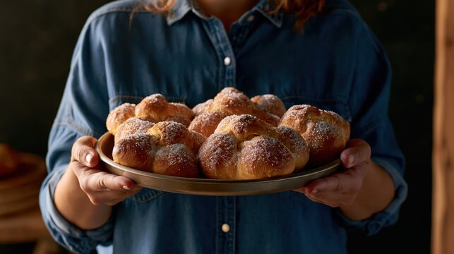 Woman in denim dress holding mexican bread of the dead Pan de muetros