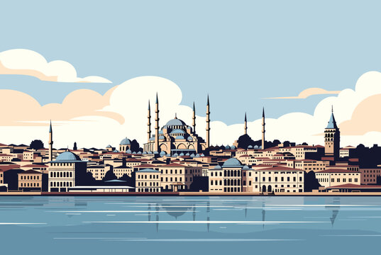 Beautiful istanbul cityscape showing the majestic blue mosque and galata tower by the water, vector illustration.