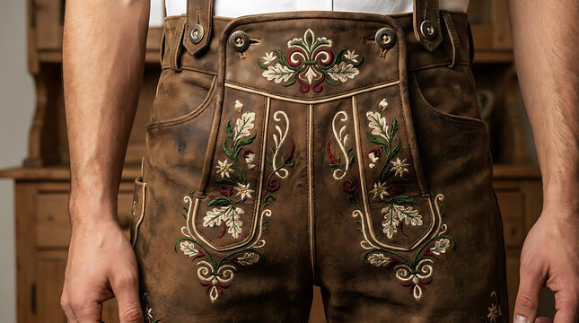 Front view of traditional brown lederhosen decorated with intricate leaf and flower embroidery.