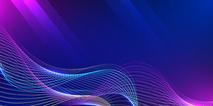 Digital glowing particle wave on blue and violet background with dynamic glowing light beam. Design for digital art website backdrop.
