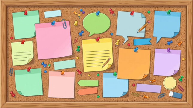 Cork bulletin board with colorful blank sticky notes and push pins