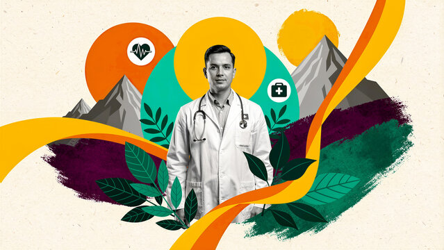 Male doctor in white coat with stethoscope in abstract collage. Artistic composition with mountains, plants, and medical icons. Wellness concept for healthcare marketing and editorial use.