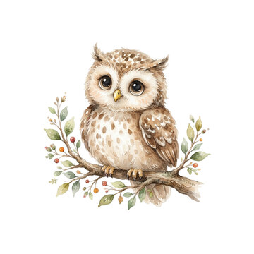 Cute baby owl perched on leafy tree branch watercolor illustration isolated on black background