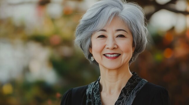 Senior woman with silver hair, wearing a black blouse, smiles warmly in a natural outdoor setting, surrounded by colorful foliage, conveying a sense of joy and serenity
