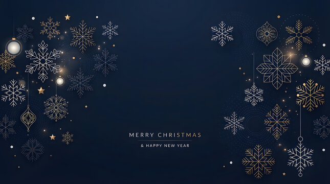 Abstract Golden Snowflake Patterns on Dark Blue Holiday Background