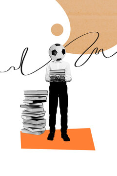 Vertical photo collage of anonym schoolboy hold book stack instead head football ball education reader isolated on painted background