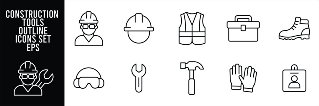  Construction worker safety outline icon set featuring hardhat vest toolbox boot helmet wrench hammer gloves identification badge symbols for building industry projects workplace safety equipment