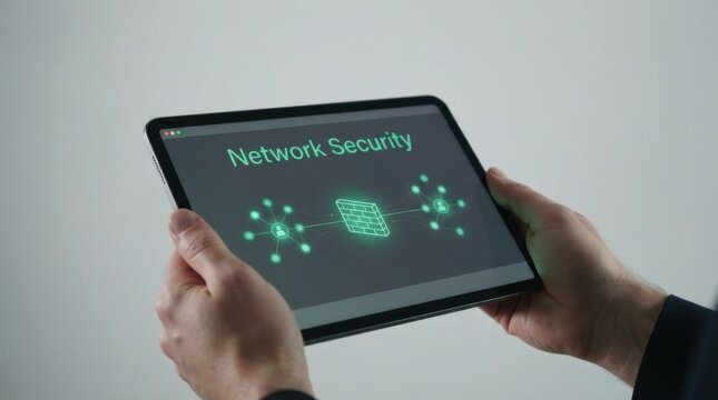 Hands Holding Tablet Showing Network Security Firewall Diagram with Node Icons