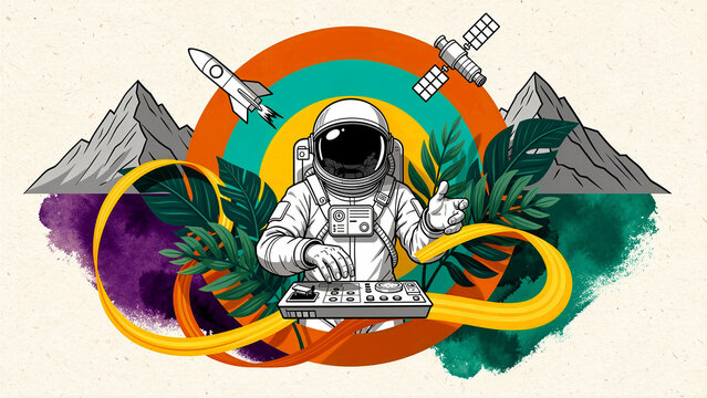Astronaut DJ mixing music on turntable with cosmic background. Surreal illustration features rocket, satellite, and tropical plants. Creative space music concept for festival and media branding.