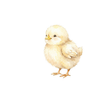 Cute fluffy baby chick standing watercolor illustration isolated on black background