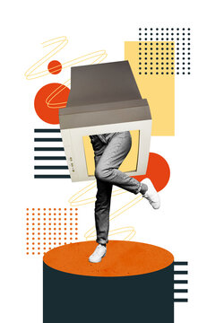 Vertical photo collage of incognito human dance feet instead body computer monitor device office tool isolated on painted background