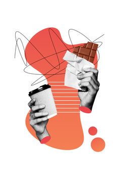 Vertical poster collage 3d hands body fragments drink beverage capuccino choclate bar eat food meal lunch drawing background