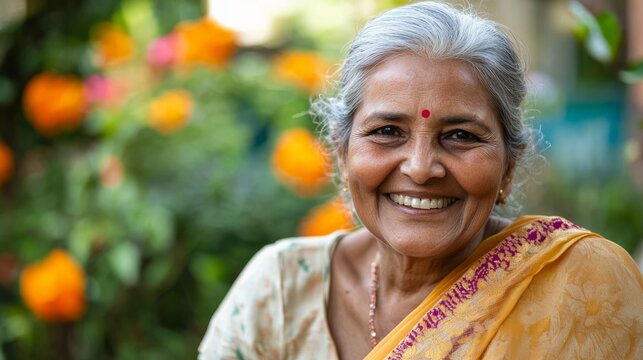 Smiling elderly woman with gray hair wearing a traditional yellow sari, surrounded by vibrant flowers in a lush garden, radiating warmth and joy in a serene atmosphere