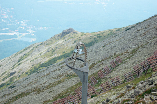cable car support mechanism high tatras mountains carpathians industrial equipment on rocky slope nature landscape travel tourism with copy space for banner design concept of engineering, transport,