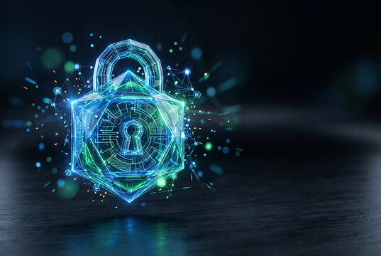  Luminous Polyhedral Crystal Padlock Symbolizing Zero Trust Cybersecurity and Cloud Data Encryption
