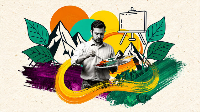 Artist holding palette and brush in a vibrant collage setting. Creative man painting amidst mountains, leaves, and abstract strokes. Artistic hobby concept for creative marketing and education.