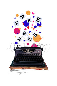 Vertical poster collage typing machine journalist fake news publish information letters keyboard profession drawing background