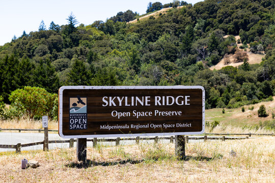 Wooden sign for Skyline Ridge Open Space Preserve in the Midpeninsula Regional Open Space District California