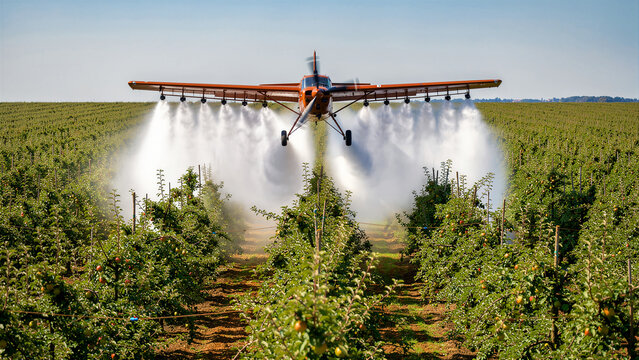 Crop duster plane spraying pesticide over fruit orchard. Small aircraft treating apple trees with chemical mist. Agricultural tech and pest control concept for farm marketing.