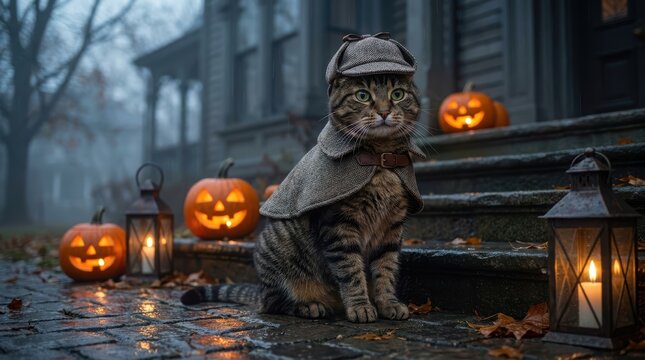 Cute tabby cat dressed as Sherlock Holmes detective sitting on wet pavement with glowing Halloween pumpkins and lanterns.