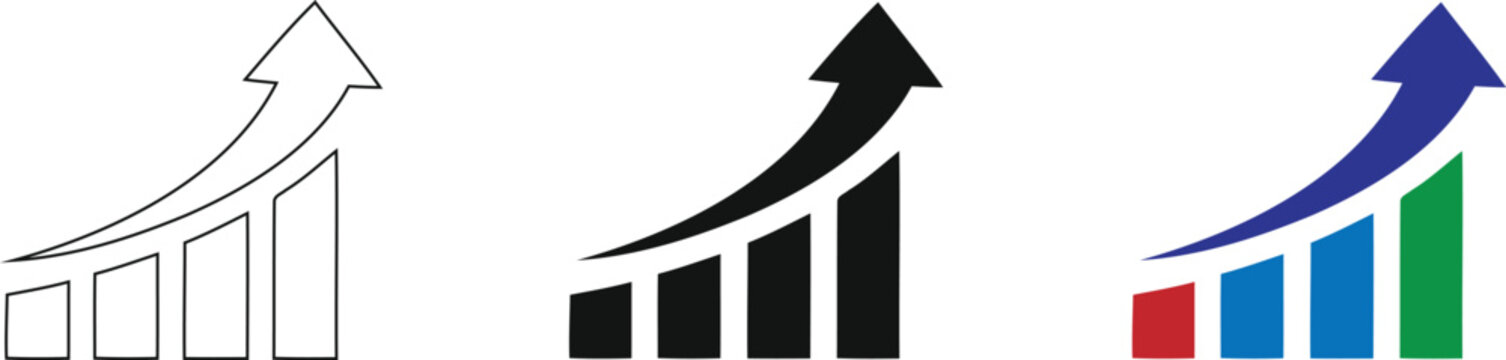 A collection of three growth bar chart icon variations including outlined, solid black, and blue colored versions representing financial success and positive trends