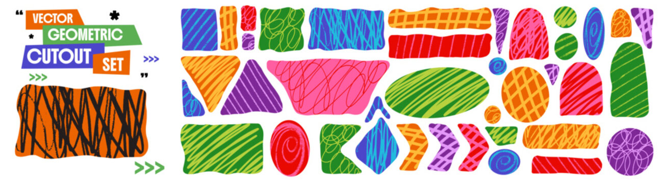 Geometric organic shape set. Bold multicolor fills feature stripes grids spirals loops and scribbled marks. Vector school geometry and shape set for scrapbook layout or collage zine design