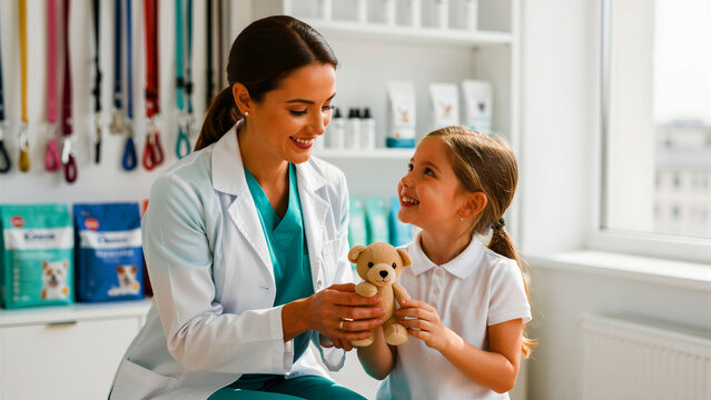 Female veterinarian smiling at a girl holding a teddy bear in a pet clinic. The professional interacts warmly with the child in a bright medical office. Compassionate care for healthcare marketing.