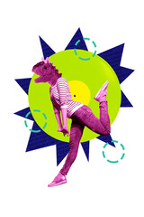 Exclusive image vertical photo collage of anonym girl wear dino avatar rex predator vinyl disk music discotheque club soundtrack © deagreez