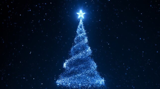 Abstract blue Christmas tree with glowing star and digital light particles against a dark winter background, creating a festive atmosphere for holiday celebrations and seasonal design