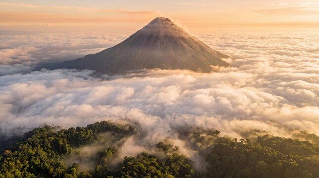 Arenal Volcano rising above a dense cloud layer at sunrise