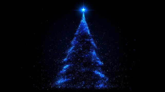 Abstract blue Christmas tree with glowing star and digital light particles against a dark winter background, creating a festive atmosphere for holiday celebrations and seasonal design
