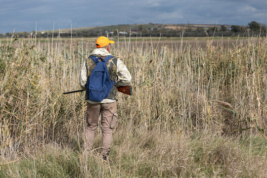 A hunter with a gun in camouflage clothing. A gentleman with a gun, medium shot, unrecognizable.