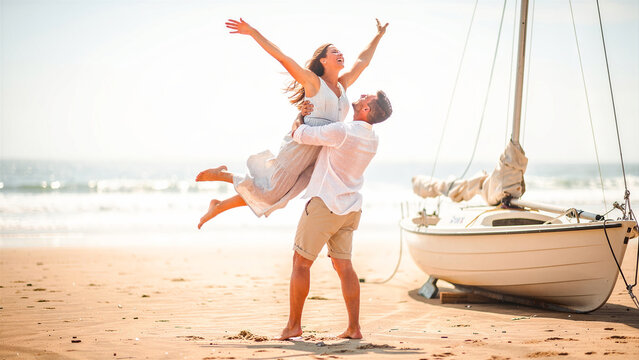 Man lifting woman in the air on a sunny beach next to a sailboat. Happy couple celebrating romantic vacation together by the ocean. Travel and love concept for tourism and lifestyle marketing.