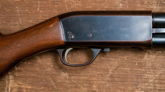 Angled close-up view of a shotgun trigger and wooden stock, highlighting firearm design, mechanical details, traditional construction, craftsmanship, and hunting equipment