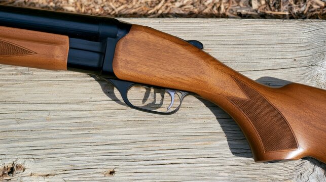 Angled close-up view of a shotgun trigger and wooden stock, highlighting firearm design, mechanical details, traditional construction, craftsmanship, and hunting equipment