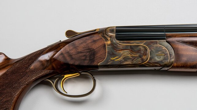 Angled close-up view of a shotgun trigger and wooden stock, highlighting firearm design, mechanical details, traditional construction, craftsmanship, and hunting equipment