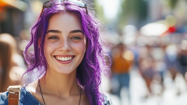 Young woman with vibrant purple hair smiles brightly in a bustling urban street, surrounded by blurred figures, capturing a lively and joyful atmosphere of city life