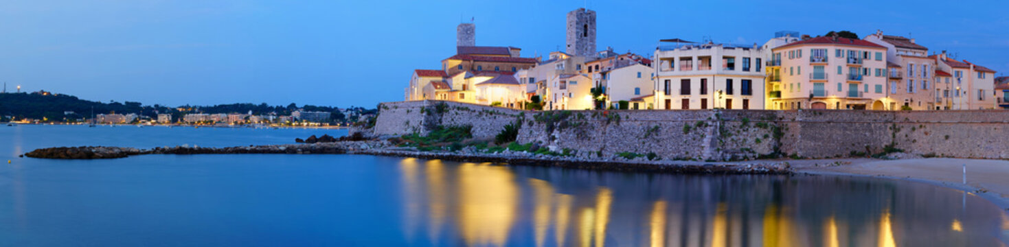 Antibes coastline at dusk panorama, French Riviera.