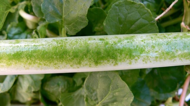 Green algae growth and stagnant water inside a hydroponic pipe, highlighting nutrient buildup, poor water circulation, plant cultivation, contamination, maintenance, and sustainable hydroponic farming
