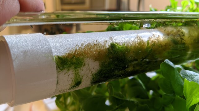 Green algae growth and stagnant water inside a hydroponic pipe, highlighting nutrient buildup, poor water circulation, plant cultivation, contamination, maintenance, and sustainable hydroponic farming