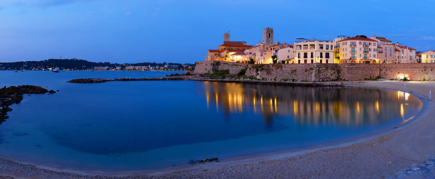Antibes coastline at dusk panorama, French Riviera.