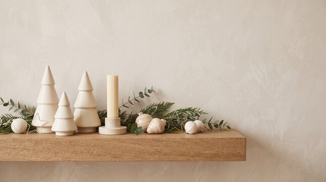 Minimalist Christmas shelf decor with wooden trees and candle on a rustic wooden mantel