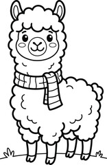 Naklejka premium Cute cartoon llama wearing a cozy striped scarf, vector illustration