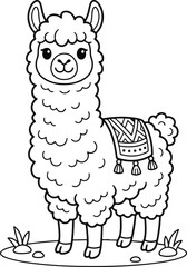 Naklejka premium Cute cartoon llama with a traditional patterned saddle, vector illustration