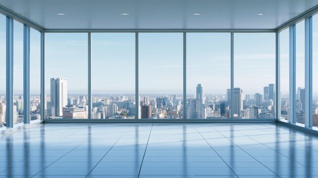 Modern interior with large window overlooking a cityscape, featuring contemporary architecture, natural light, urban living, spacious design, and an elegant metropolitan atmosphere
