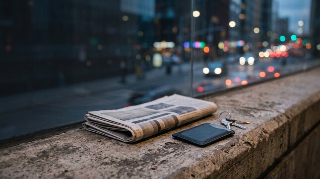 Newspaper and wallet on a concrete ledge overlooking a blurred city street at dusk.