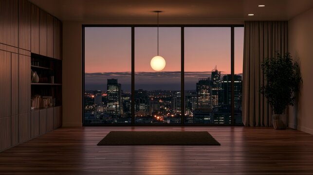 Modern interior with large window overlooking a cityscape, featuring contemporary architecture, natural light, urban living, spacious design, and an elegant metropolitan atmosphere