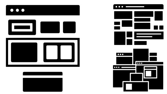 Dark web page layout mockups and wireframe website templates with modular content blocks for UI design planning