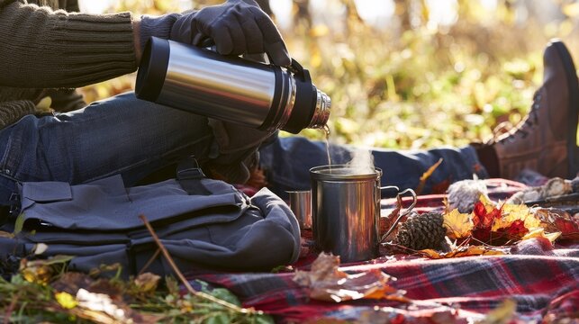 Young man pouring hot tea from a thermos at an autumn picnic, enjoying a warm outdoor moment surrounded by seasonal nature, relaxation, travel, camping, leisure, and cozy fall atmosphere