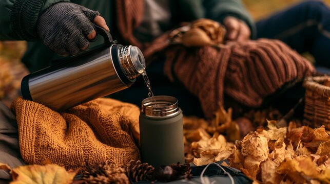 Young man pouring hot tea from a thermos at an autumn picnic, enjoying a warm outdoor moment surrounded by seasonal nature, relaxation, travel, camping, leisure, and cozy fall atmosphere